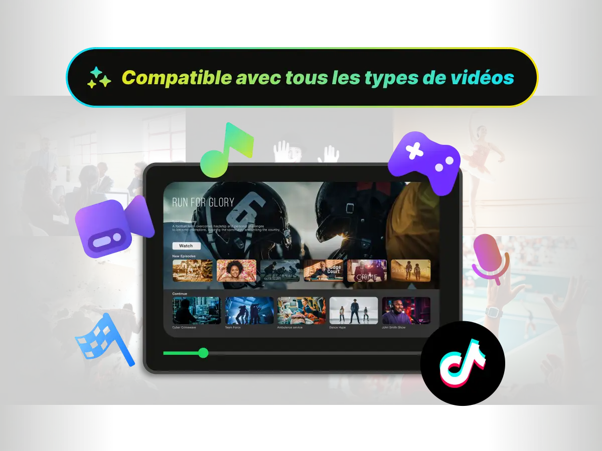Lecteur vidéo de l outil WayinVideo entouré de vignettes représentant cours en ligne, contenus de divertissement, médias d actualité et sport, illustrant la prise en charge de tous les types de vidéos.